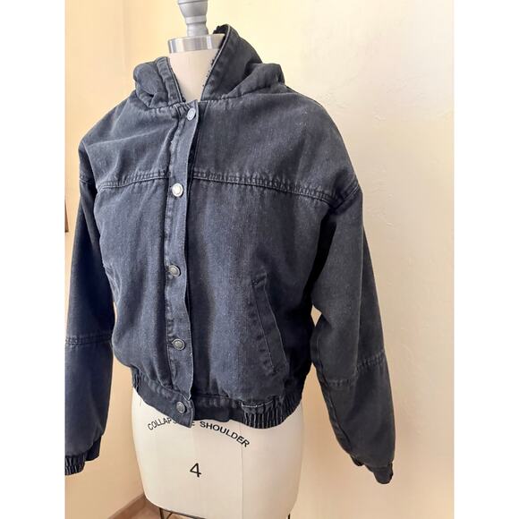 CALI 1850 Black Denim Sherpa Jacket Hoodie Small Cropped Hooded Lined - Picture 6 of 6